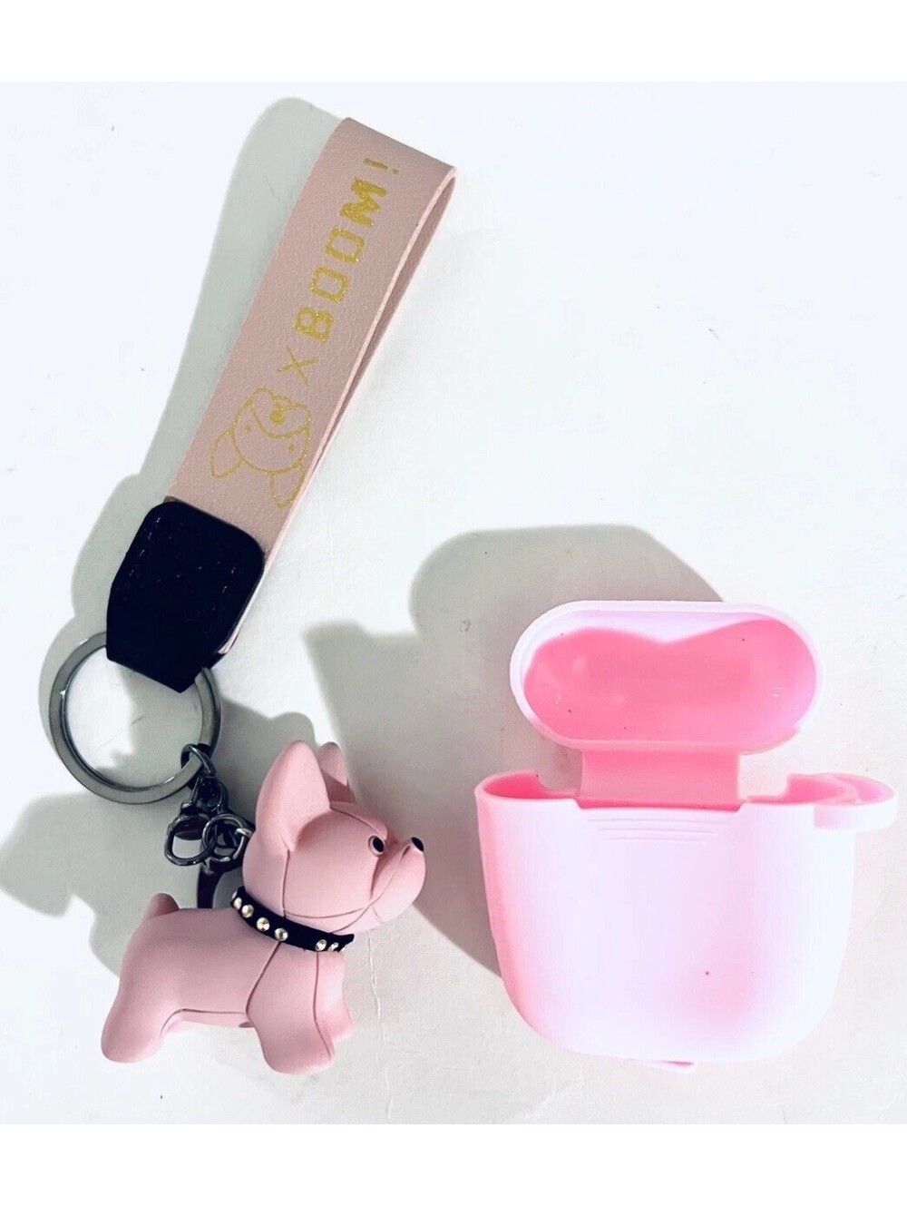 Pink French Bulldog AirPods 1 2 Silicone Case Keychain Wrist Strap NWOT